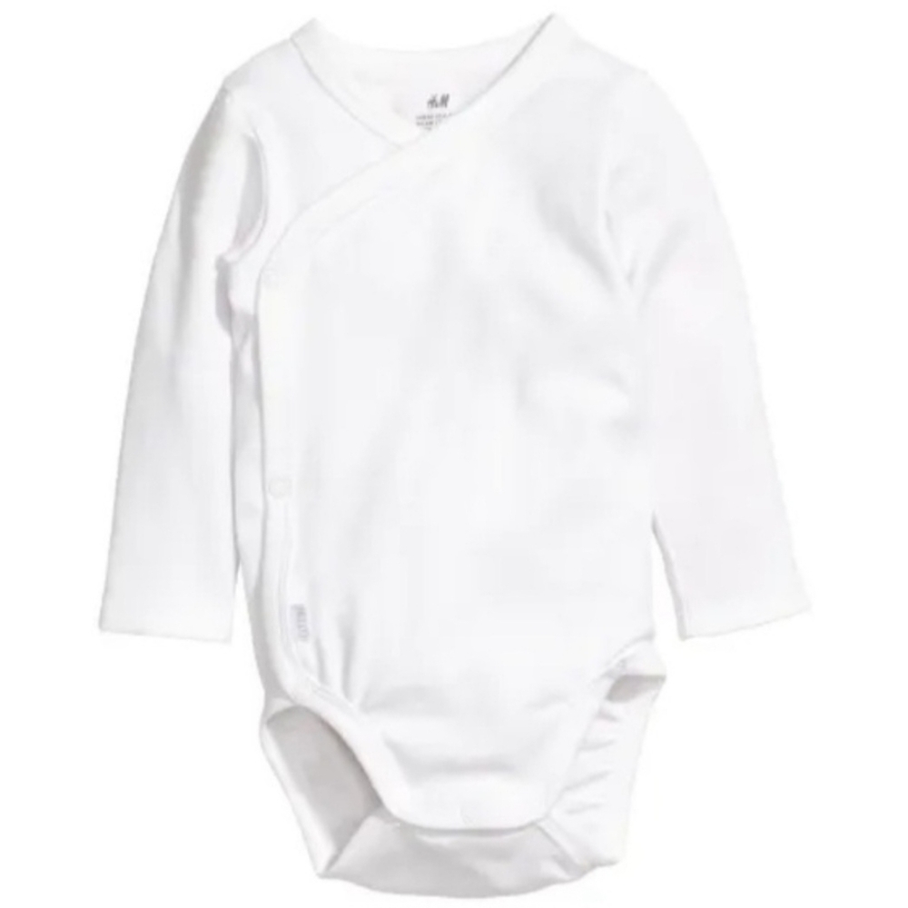 NWT H&M White 100% Organic Cotton Long-Sleeve Baby Bodysuit with Snaps - PREEMIE